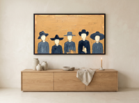 Row of Five Hatted Figures Wide Wall Art — Original Palette-Knife Oil, Slate Navy & Golden Ochre — original hand-painted oil shown on the wall in a styled room