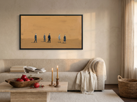 Five Walkers Wide Wall Art — Original Oil Landscape, Golden Ochre & Navy — original hand-painted oil shown on the wall in a styled room