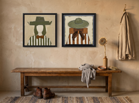 Cowgirls Turning Toward Each Other — Set of 2 Original Oils, Olive & Sienna — original hand-painted oil shown on the wall in a styled room