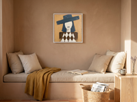 Woman in a Wide Hat Wall Art — Original Palette-Knife Oil, Teal & Ochre — original hand-painted oil shown on the wall in a styled room