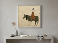 Braided Rider on Horseback Wall Art — Original Palette-Knife Oil, Olive & Rust — original hand-painted oil shown on the wall in a styled room