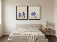 Couple Holding Hands & Couple at Dusk — Set of 2 Original Oils, Periwinkle & Oat — original hand-painted oil shown on the wall in a styled room