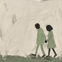 Original oil painting of a couple in sage-green coats walking hand in hand, dark heads, on a cream ground with a band of sage below