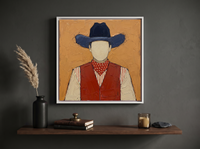Cowboy in a Vest Wall Art — Original Palette-Knife Oil, Navy & Rust — original hand-painted oil shown on the wall in a styled room