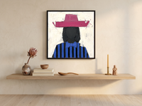 Lady in a Raspberry Hat Wall Art — Original Palette-Knife Oil, Raspberry & Cobalt — original hand-painted oil shown on the wall in a styled room