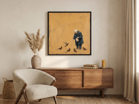Old Man Feeding Pigeons Wall Art — Original Palette-Knife Oil, Ochre & Teal — original hand-painted oil shown on the wall in a styled room