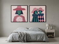 Bouquet Woman & Two Sisters — Set of 2 Original Oils, Pink & Emerald — original hand-painted oil shown on the wall in a styled room