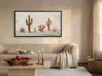 Desert Cacti Row Wide Wall Art — Original Palette-Knife Oil, Sage & Terracotta — original hand-painted oil shown on the wall in a styled room