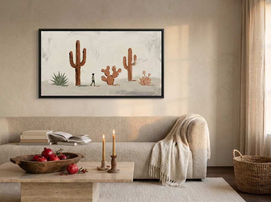 Desert Cacti Row Wide Wall Art — Original Palette-Knife Oil, Sage & Terracotta