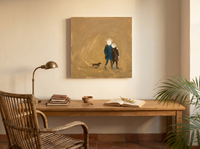 Couple Walking Away Wall Art — Original Palette-Knife Oil, Teal & Ochre — original hand-painted oil shown on the wall in a styled room