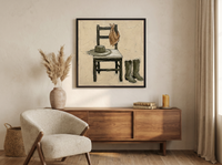 Cowboy Chair Still Life Wall Art — Original Palette-Knife Oil, Olive & Tan — original hand-painted oil shown on the wall in a styled room