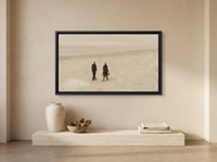 Two Figures on a Beach Wide Wall Art — Original Oil, Warm Tan & Cream — original hand-painted oil shown on the wall in a styled room