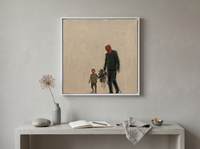 Father & Child Walking Wall Art — Original Palette-Knife Oil, Olive & Oxblood — original hand-painted oil shown on the wall in a styled room