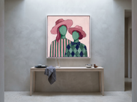 Two Ladies in Pink Hats Wall Art — Original Palette-Knife Oil, Rose & Emerald — original hand-painted oil shown on the wall in a styled room