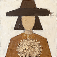 Oil painting of a woman in a wide chocolate-brown hat with a wheat-tan oval face, holding a cluster of cream blooms against a caramel bodice, on a cream ground.