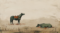 Original wide oil painting of one sage-green horse standing with a terracotta blanket and a dark-green horse lying in the grass on a cream field