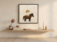 Child on a Pony Wall Art — Original Palette-Knife Oil, Chocolate & Straw — original hand-painted oil shown on the wall in a styled room