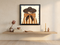 Lady in a Wide-Brim Hat Wall Art — Original Palette-Knife Oil, Chocolate & Rust — original hand-painted oil shown on the wall in a styled room
