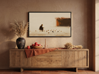 Pigeon Feeder Wide Wall Art — Original Oil, Cream & Rust — original hand-painted oil shown on the wall in a styled room