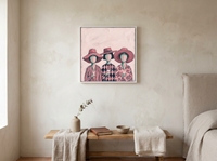 Three Women in Hats Wall Art — Original Palette-Knife Oil, Pink & Navy — original hand-painted oil shown on the wall in a styled room