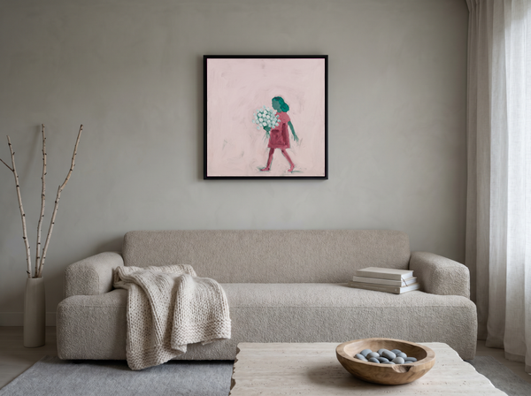 Girl with a Bouquet Wall Art — Original Palette-Knife Oil, Pink & Emerald