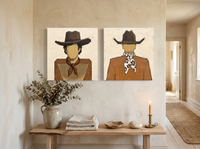 Cowboy Pair, Gingham & Floral — Set of 2 Original Oils, Caramel & Chocolate — original hand-painted oil shown on the wall in a styled room