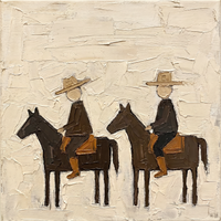 Original oil painting of two riders in straw hats and brown coats on brown horses facing left, heavy palette-knife texture on a cream ground