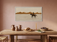 Lone Rider and Mountain Ridge Wide Wall Art — Original Palette-Knife Oil, Chocolate & Cream — original hand-painted oil shown on the wall in a styled room