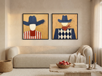 Cowboy, Front and Back — Set of 2 Original Oils, Navy & Vermilion — original hand-painted oil shown on the wall in a styled room