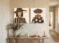Hatted Woman, Front and Back — Set of 2 Original Oils, Chocolate & Cream — original hand-painted oil shown on the wall in a styled room