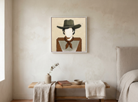 Cowboy in a Checked Shirt Wall Art — Original Palette-Knife Oil, Olive & Brown — original hand-painted oil shown on the wall in a styled room