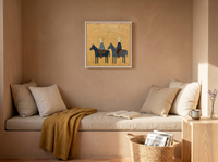 Two Riders on Horseback Wall Art — Original Palette-Knife Oil, Slate Blue & Ochre — original hand-painted oil shown on the wall in a styled room