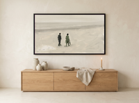 Two Figures on a Beach Wide Wall Art — Original Oil, Sage Green & Misty Grey — original hand-painted oil shown on the wall in a styled room