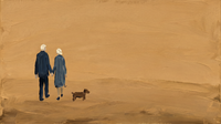 Original wide oil painting of a couple in navy coats seen from behind walking a rust terrier across a glowing golden-ochre field, horizontal landscape