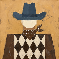Oil painting of a pair of slate blue-grey cowboy boots toe to toe, one striped in brown and one set with brown diamonds, a pale top, on a golden ochre ground.