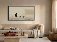 Pigeon Feeder Wide Wall Art — Original Oil, Charcoal & Oxblood — original hand-painted oil shown on the wall in a styled room