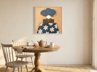 Lady in a Daisy Shirt Wall Art — Original Palette-Knife Oil, Navy & Ochre — original hand-painted oil shown on the wall in a styled room