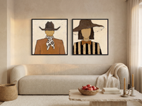 Cowboy & Wide-Brim Lady — Set of 2 Original Oils, Rust & Chocolate — original hand-painted oil shown on the wall in a styled room