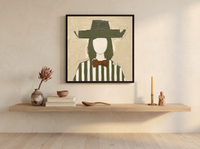 Lady in an Angular Olive Hat Wall Art — Original Palette-Knife Oil, Olive & Rust — original hand-painted oil shown on the wall in a styled room