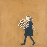 Original oil painting of a girl in a deep navy dress with a cream head carrying a thick round bunch of cream-white flowers, on a golden ochre ground