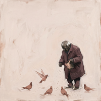 Original oil painting of a hunched bald old man in a plum coat scattering crumbs from a paper bag to five dusty rose pigeons, on a cream ground
