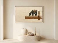 Cowgirl and Horse at the Trough Wide Wall Art — Original Palette-Knife Oil, Olive & Burnt Sienna — original hand-painted oil shown on the wall in a styled room