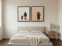 Father & Child with Shepherd — Set of 2 Original Oils, Indigo & Coral — original hand-painted oil shown on the wall in a styled room