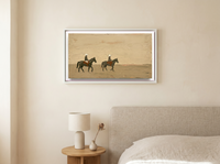 Two Riders Across Olive Pasture Wide Canvas — Original Palette-Knife Oil, Olive & Sienna — original hand-painted oil shown on the wall in a styled room