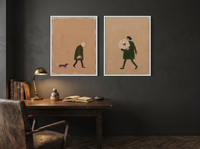 Man with Dog & Woman with Bouquet — Set of 2 Original Oils, Moss & Clay — original hand-painted oil shown on the wall in a styled room
