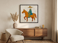 Cowboy on Horseback Wall Art — Original Palette-Knife Oil, Orange & Teal — original hand-painted oil shown on the wall in a styled room