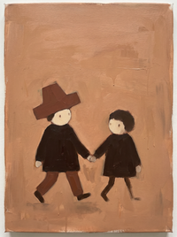 Oil painting of a man and woman in espresso coats walking hand in hand, shoulders almost touching, on a deep terracotta ground.