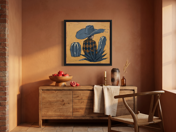 Cowboy in a Cactus Field Wall Art — Original Palette-Knife Oil, Navy & Ochre