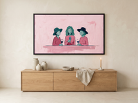 Three Women with Wine Wide Wall Art — Original Palette-Knife Oil, Pink & Emerald — original hand-painted oil shown on the wall in a styled room