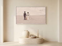 Wedding Couple and Dog Wide Wall Art — Original Palette-Knife Oil, Mauve & Blush — original hand-painted oil shown on the wall in a styled room